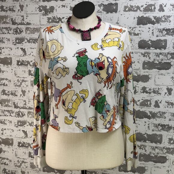 Nickelodeon Rugrats Womens Top M Cartoon All Over Print Crop-Tee White L/SLV - Picture 1 of 7